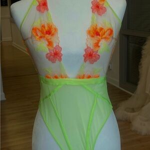 Honey Birdette Neon Lime & Orange Floral Lace Bodysuit